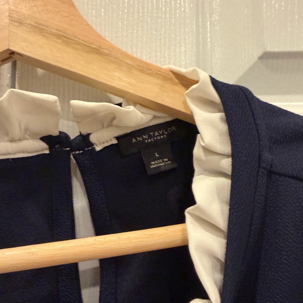 Ann Taylor Navy Top with Cream Ruffle Trim - Picture 2 of 4
